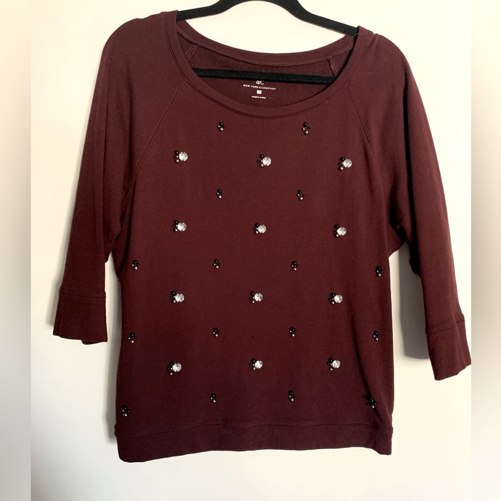 New York and Company 3/4 Sleeve Knit Top with Black and Diamond Gem Details